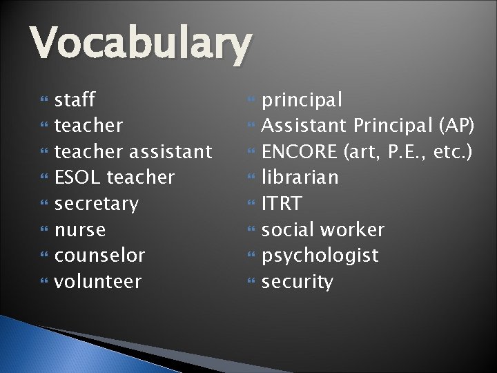 Vocabulary staff teacher assistant ESOL teacher secretary nurse counselor volunteer principal Assistant Principal (AP)