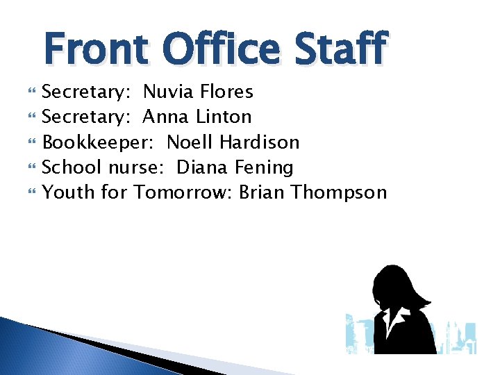 Front Office Staff Secretary: Nuvia Flores Secretary: Anna Linton Bookkeeper: Noell Hardison School nurse: