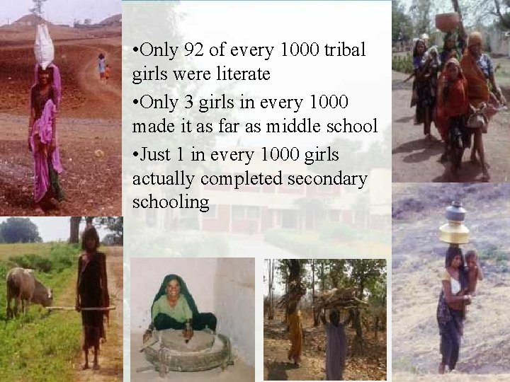  • Only 92 of every 1000 tribal girls were literate • Only 3