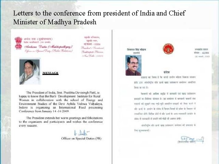 Letters to the conference from president of India and Chief Minister of Madhya Pradesh