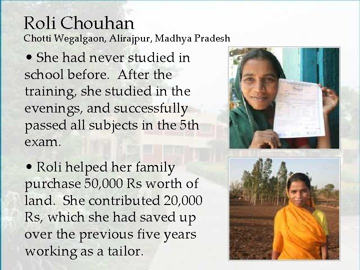 Roli Chouhan Chotti Wegalgaon, Alirajpur, Madhya Pradesh • She had never studied in school