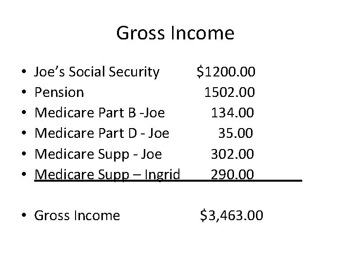 Gross Income • • • Joe’s Social Security $1200. 00 Pension 1502. 00 Medicare