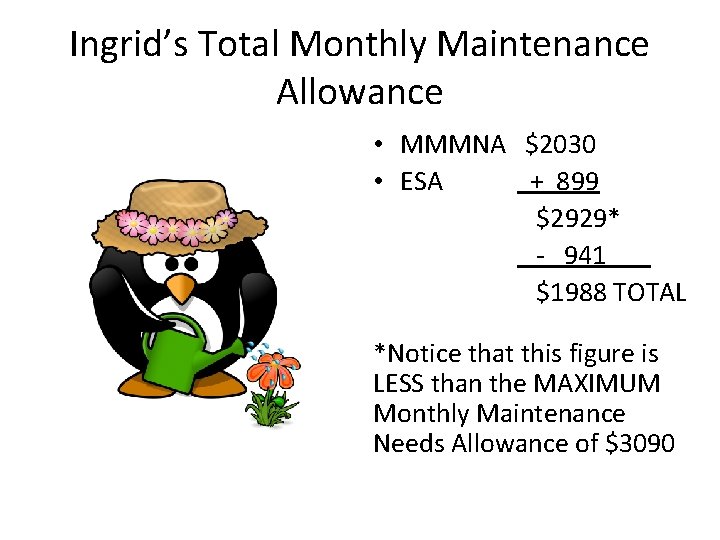 Ingrid’s Total Monthly Maintenance Allowance • MMMNA $2030 • ESA + 899 $2929* -