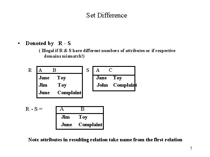 Set Difference • Denoted by R - S ( Illegal if R & S