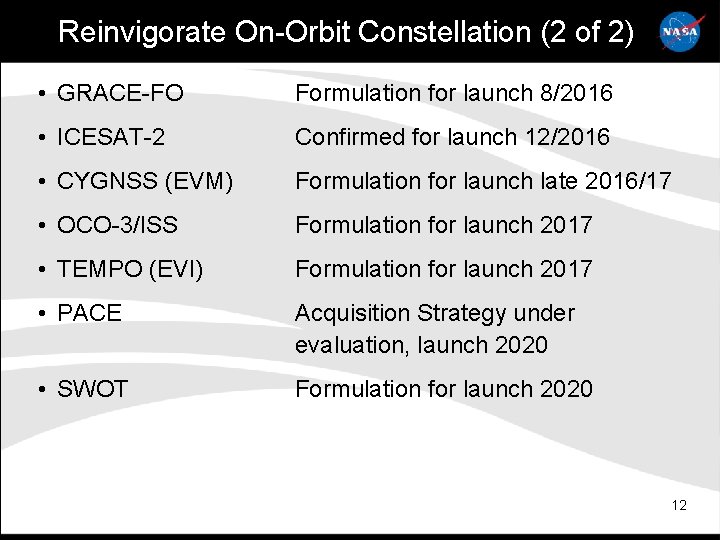 Reinvigorate On-Orbit Constellation (2 of 2) • GRACE-FO Formulation for launch 8/2016 • ICESAT-2