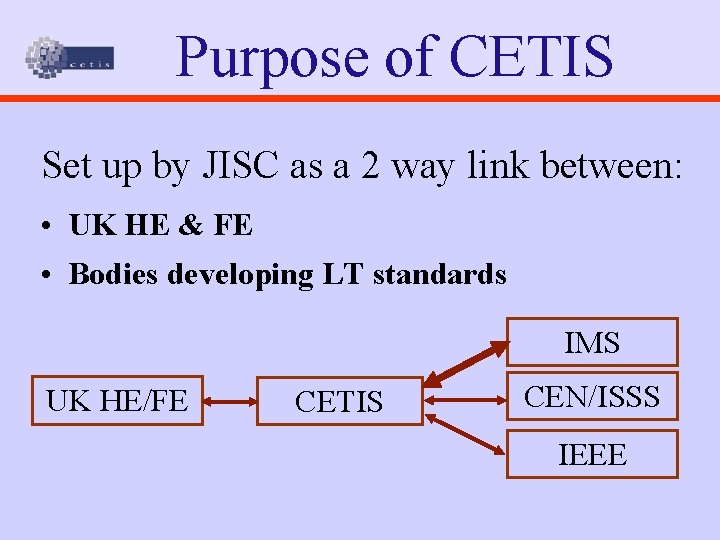 Purpose of CETIS Set up by JISC as a 2 way link between: •