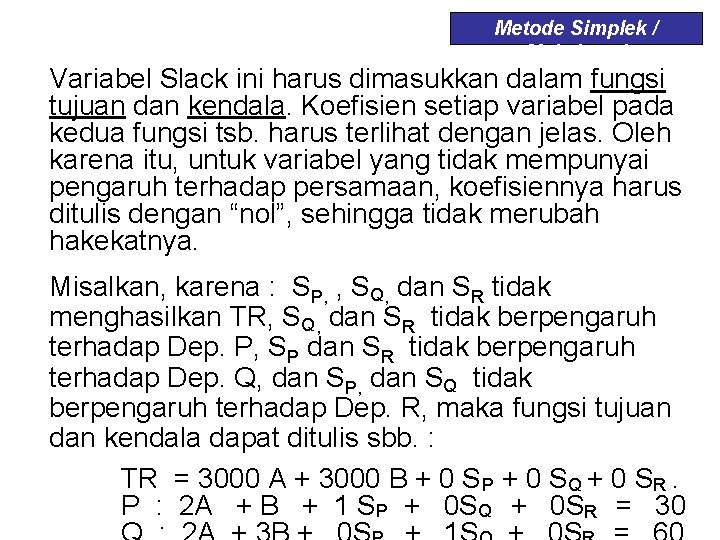 Metode Simplek / Maksimasi Variabel Slack ini harus dimasukkan dalam fungsi tujuan dan kendala.