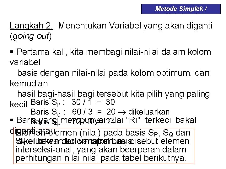 Metode Simplek / Maksimasi Langkah 2. Menentukan Variabel yang akan diganti (going out) §