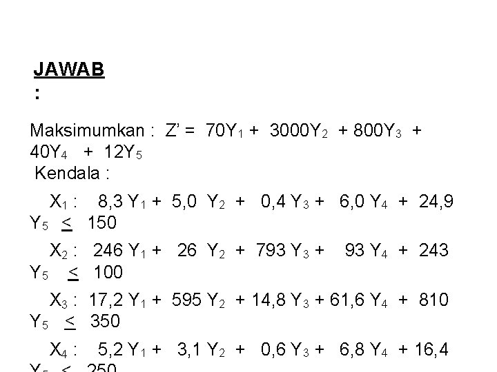 JAWAB : Maksimumkan : Z’ = 70 Y 1 + 3000 Y 2 +