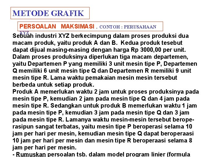 METODE GRAFIK PERSOALAN MAKSIMASI. CONTOH : PERUSAHAAN XYZ Sebuah industri XYZ berkecimpung dalam proses