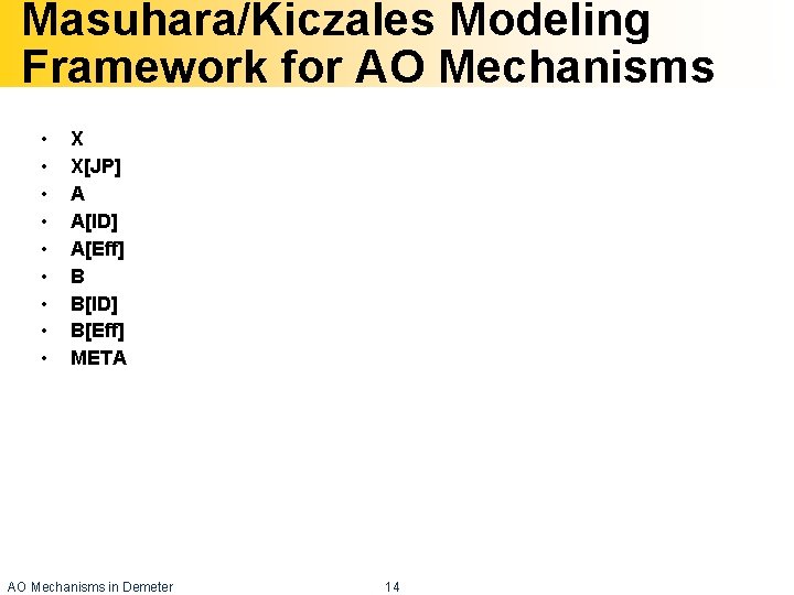 Masuhara/Kiczales Modeling Framework for AO Mechanisms • • • X X[JP] A A[ID] A[Eff]