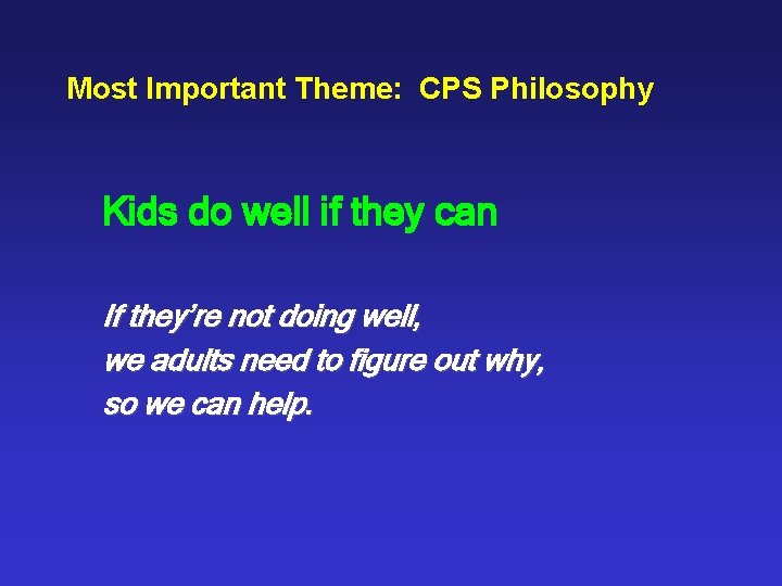 Most Important Theme: CPS Philosophy Kids do well if they can If they’re not