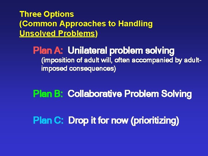 Three Options (Common Approaches to Handling Unsolved Problems) Plan A: Unilateral problem solving (imposition