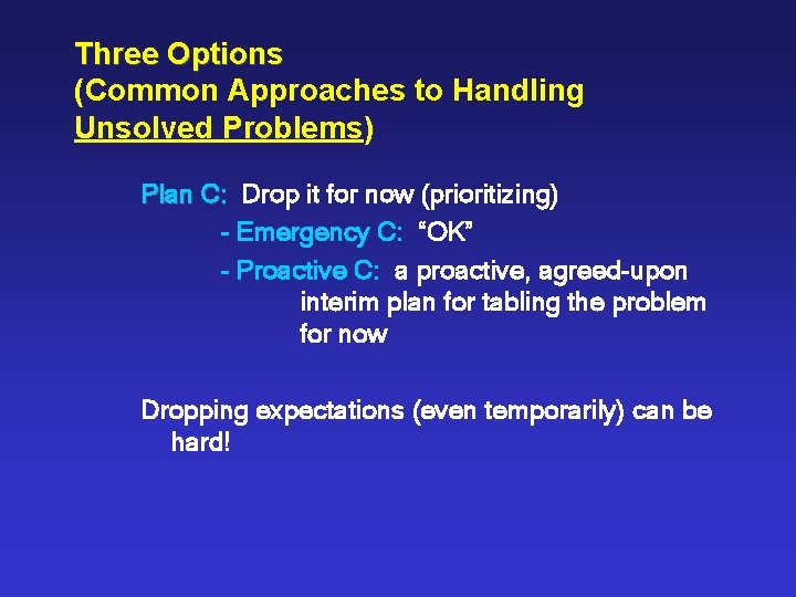 Three Options (Common Approaches to Handling Unsolved Problems) Plan C: Drop it for now