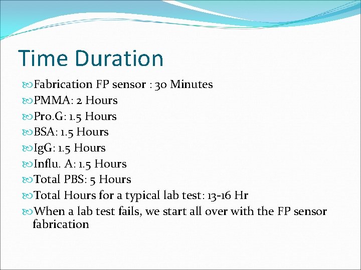 Time Duration Fabrication FP sensor : 30 Minutes PMMA: 2 Hours Pro. G: 1.