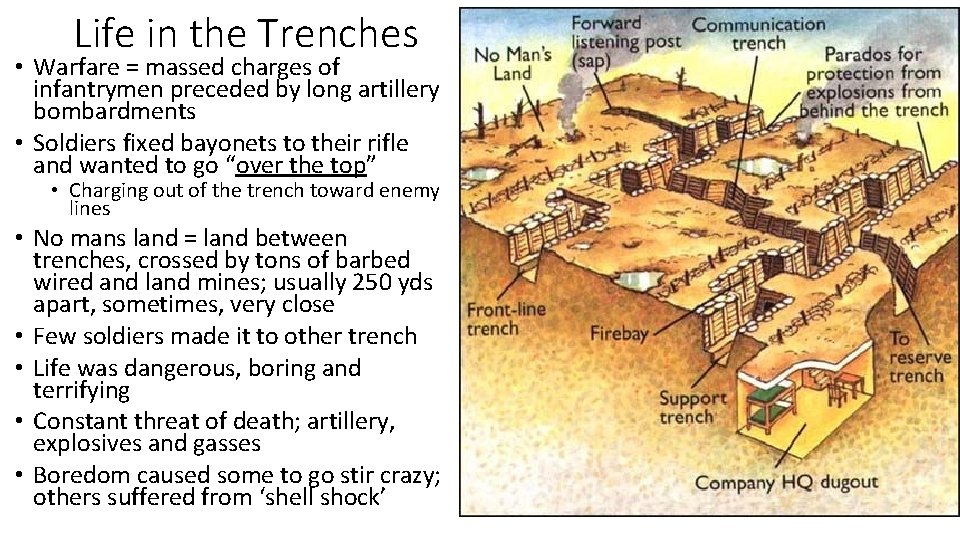 Life in the Trenches • Warfare = massed charges of infantrymen preceded by long