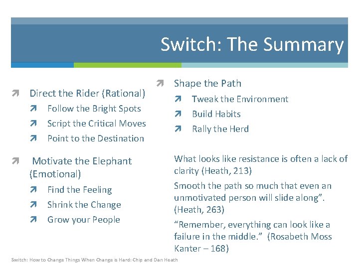 Switch: The Summary Direct the Rider (Rational) Follow the Bright Spots Script the Critical