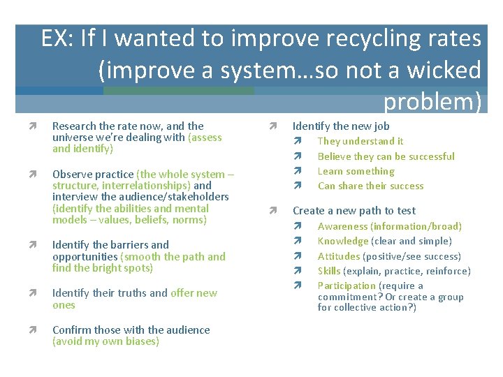 EX: If I wanted to improve recycling rates (improve a system…so not a wicked
