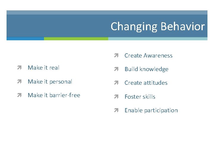 Changing Behavior Create Awareness Make it real Build knowledge Make it personal Create attitudes