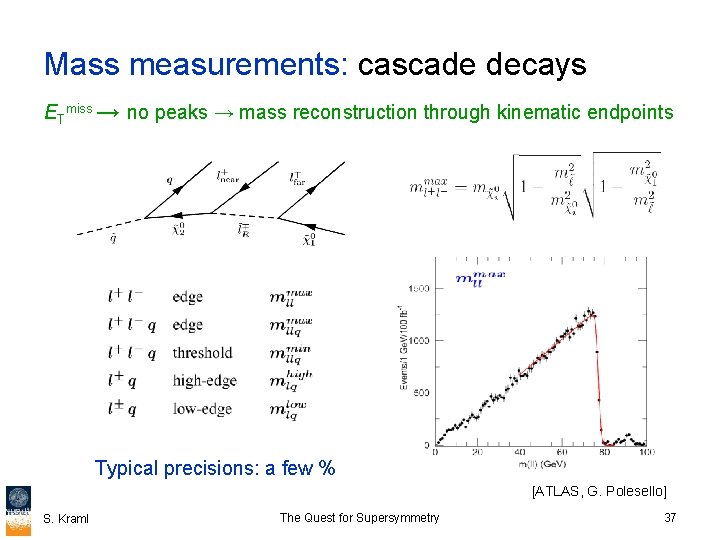 Mass measurements: cascade decays ETmiss → no peaks → mass reconstruction through kinematic endpoints
