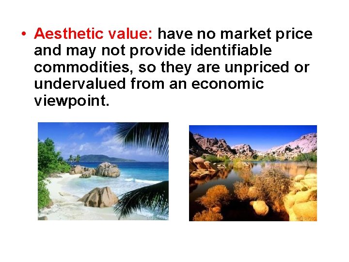  • Aesthetic value: have no market price and may not provide identifiable commodities,