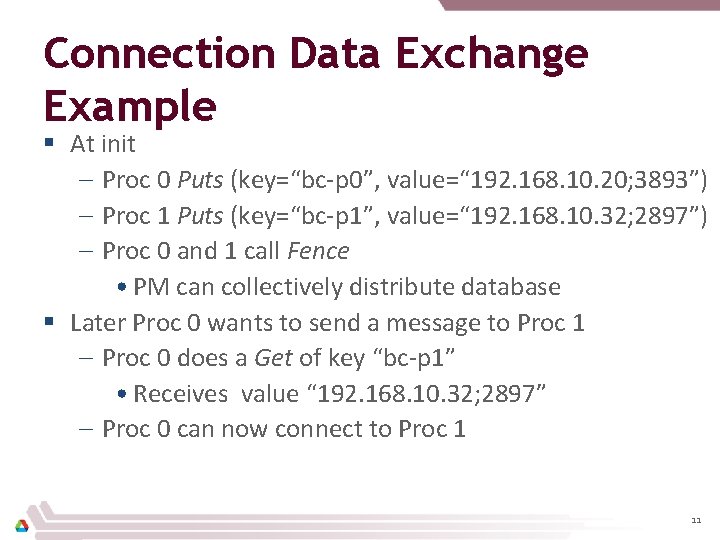 Connection Data Exchange Example § At init – Proc 0 Puts (key=“bc-p 0”, value=“