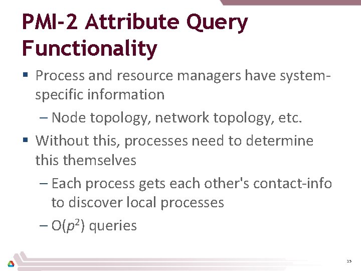 PMI-2 Attribute Query Functionality § Process and resource managers have systemspecific information – Node