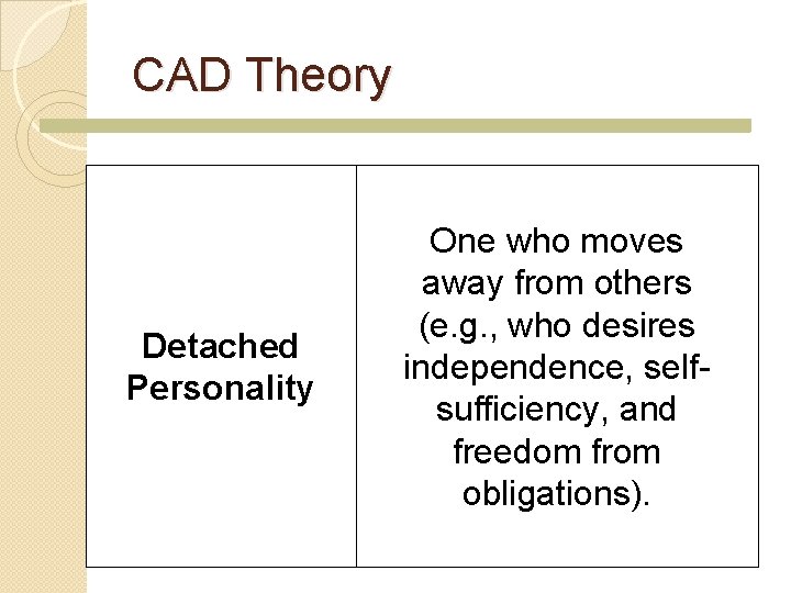 CAD Theory Detached Personality One who moves away from others (e. g. , who