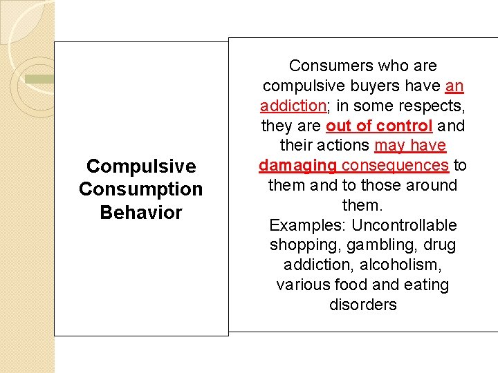 Compulsive Consumption Behavior Consumers who are compulsive buyers have an addiction; in some respects,