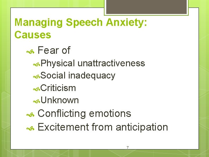 Managing Speech Anxiety: Causes Fear of Physical unattractiveness Social inadequacy Criticism Unknown Conflicting emotions