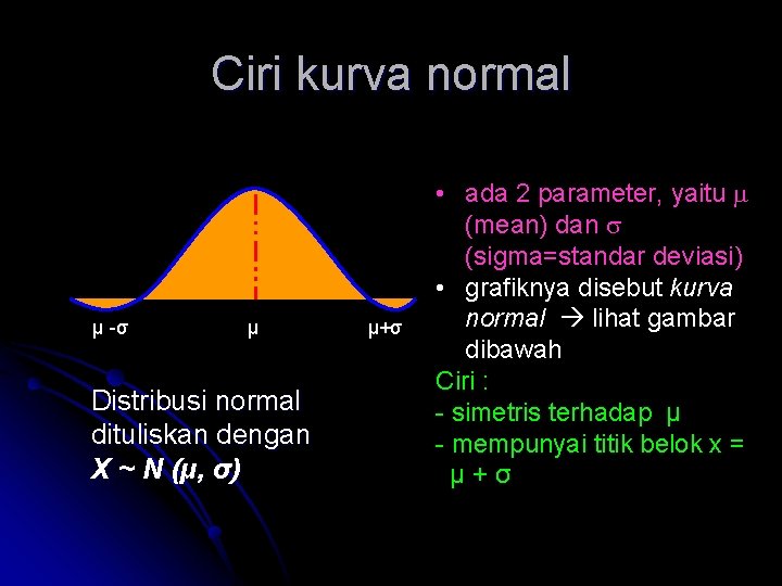 Ciri kurva normal μ -σ μ Distribusi normal dituliskan dengan X ~ N (μ,