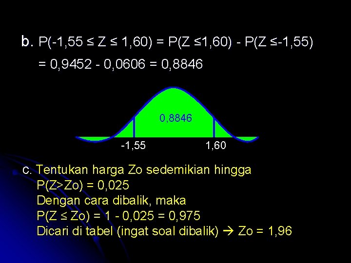 b. P(-1, 55 ≤ Z ≤ 1, 60) = P(Z ≤ 1, 60) -