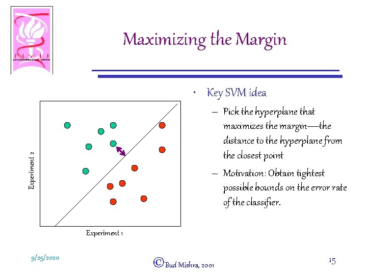 Maximizing the Margin • Key SVM idea Experiment 2 – Pick the hyperplane that