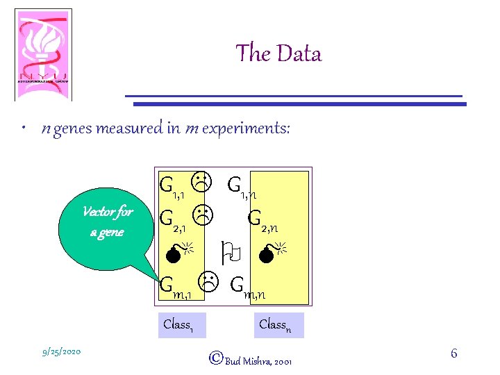 The Data • n genes measured in m experiments: Vector for a gene G