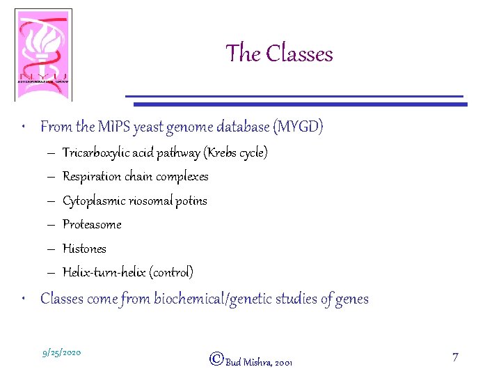 The Classes • From the MIPS yeast genome database (MYGD) – – – Tricarboxylic
