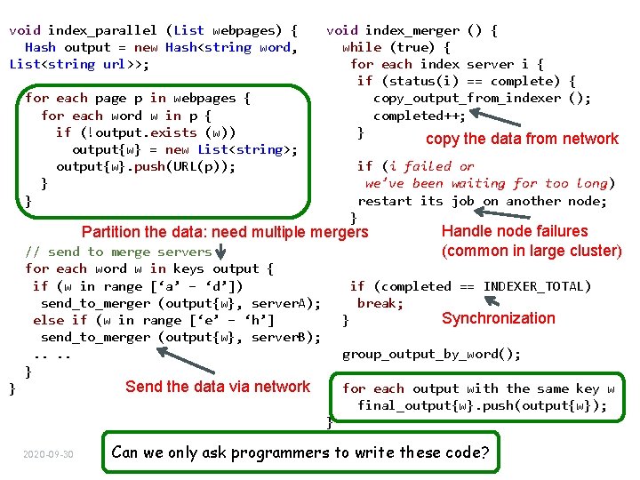 void index_parallel (List webpages) { Hash output = new Hash<string word, List<string url>>; for