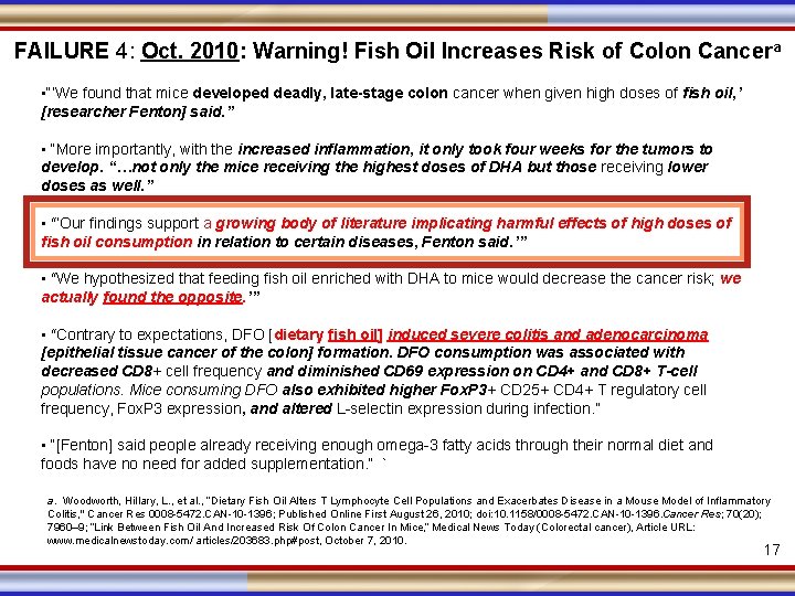 FAILURE 4: Oct. 2010: Warning! Fish Oil Increases Risk of Colon Cancera • “‘We