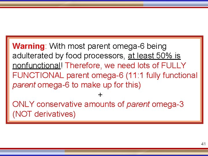 Warning: With most parent omega-6 being adulterated by food processors, at least 50% is