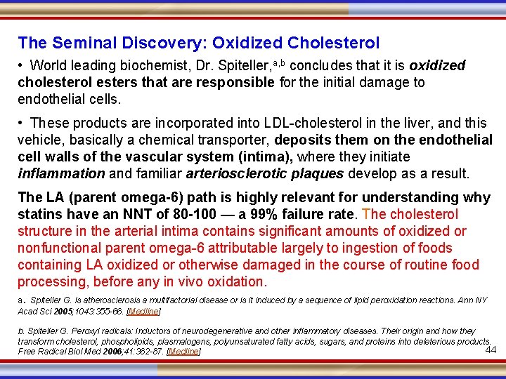 The Seminal Discovery: Oxidized Cholesterol • World leading biochemist, Dr. Spiteller, a, b concludes