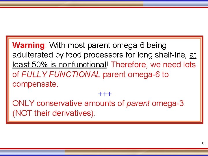 Warning: With most parent omega-6 being adulterated by food processors for long shelf-life, at