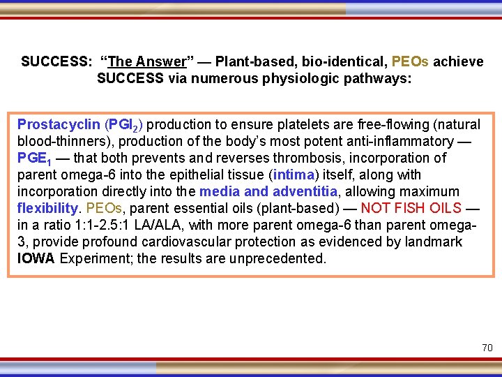 SUCCESS: “The Answer” — Plant-based, bio-identical, PEOs achieve SUCCESS via numerous physiologic pathways: Prostacyclin