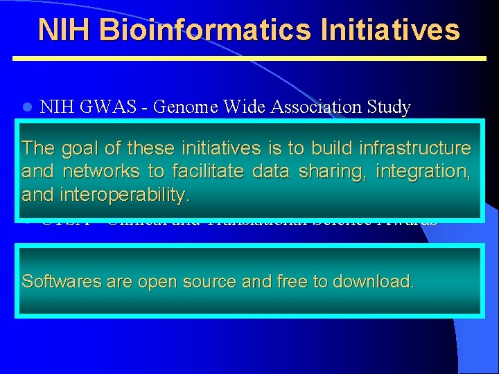 NIH Bioinformatics Initiatives l NIH GWAS - Genome Wide Association Study l ca. BIG