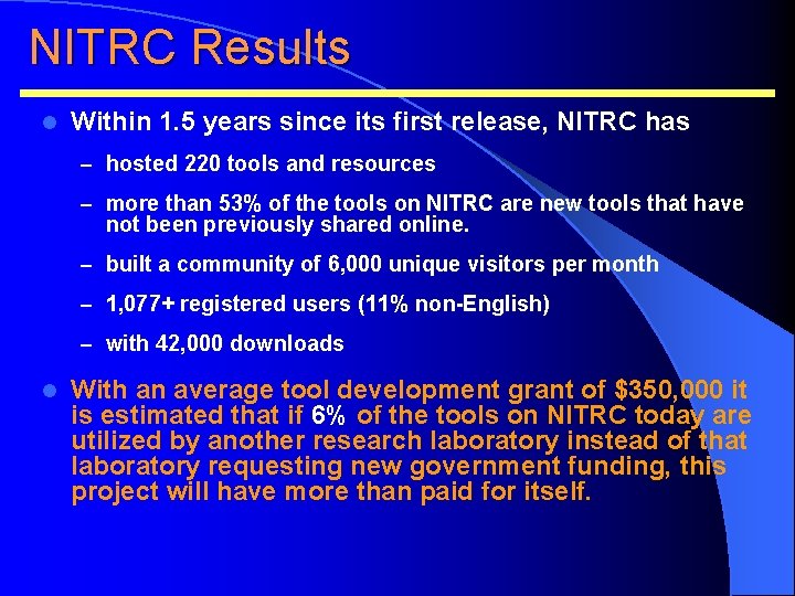 NITRC Results l Within 1. 5 years since its first release, NITRC has –