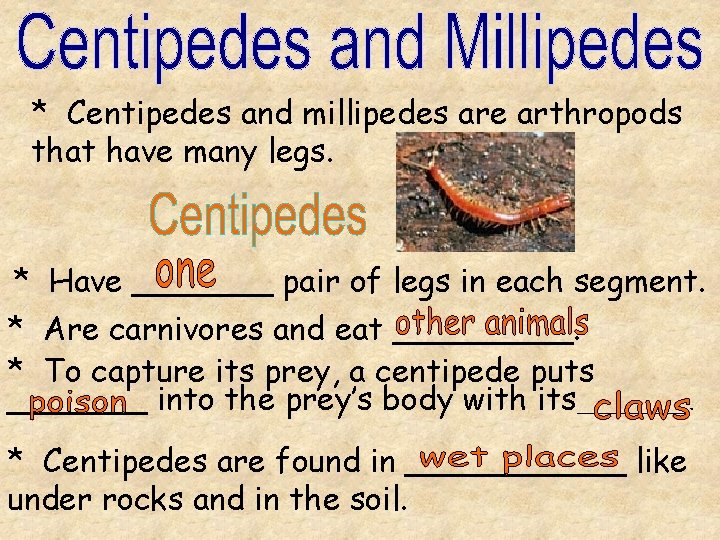 * Centipedes and millipedes are arthropods that have many legs. * Have _______ pair * Centipedes and millipedes are arthropods that have many legs. * Have _______ pair