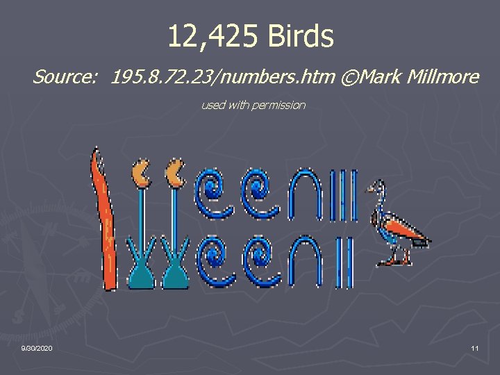 12, 425 Birds Source: 195. 8. 72. 23/numbers. htm ©Mark Millmore used with permission