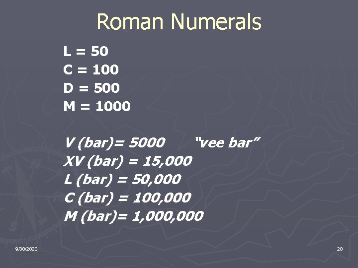 Roman Numerals L = 50 C = 100 D = 500 M = 1000