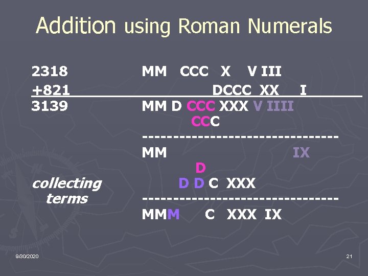 Addition using Roman Numerals 2318 +821 3139 collecting terms 9/30/2020 MM CCC X V