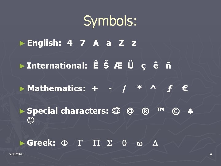 Symbols: ► English: 4 7 A a Z z ► International: Ê Š Æ