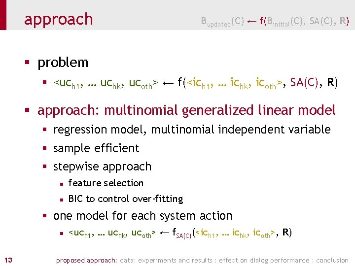 approach Bupdated(C) ← f(Binitial(C), SA(C), R) § problem § <uch 1, … uchk, ucoth>