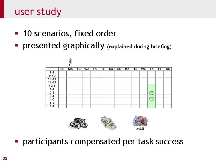 user study § 10 scenarios, fixed order § presented graphically (explained during briefing) §
